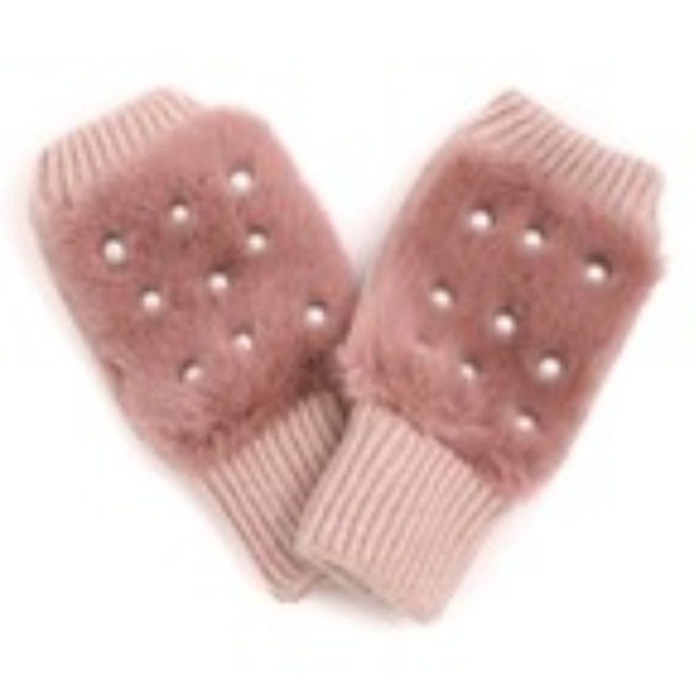 Pink Faux Fur Pearl Studded Fingerless Gloves NEW